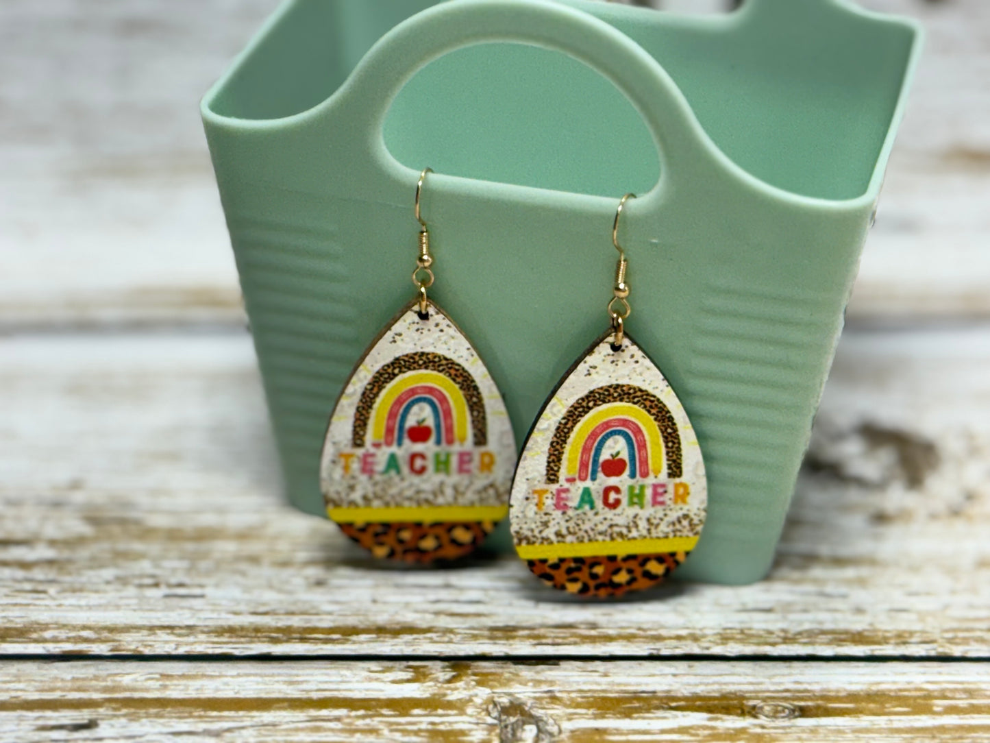 Teacher Leopard Print Rainbow Wood Earrings