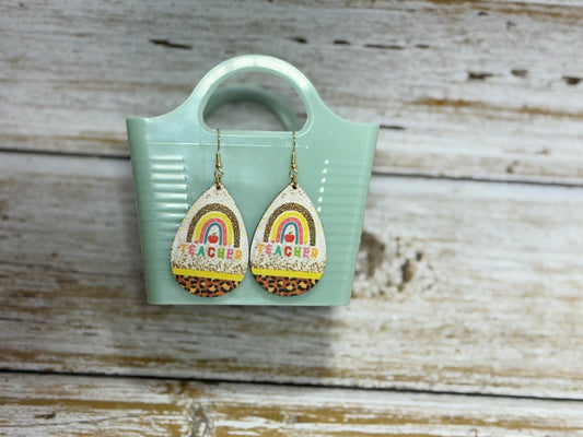 Teacher Leopard Print Rainbow Wood Earrings