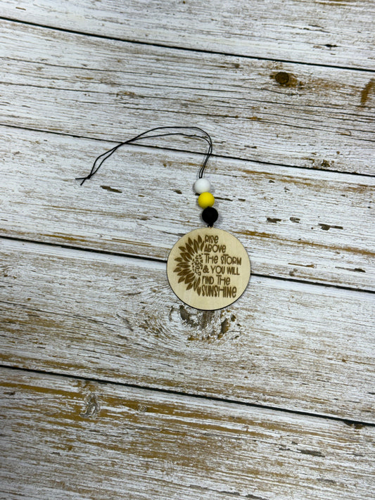 Rise Above the Storm Sunflower Wood Tag – Inspirational Beaded Car Charm or Ornament