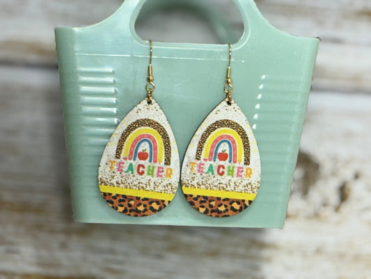 Teacher Leopard Print Rainbow Wood Earrings