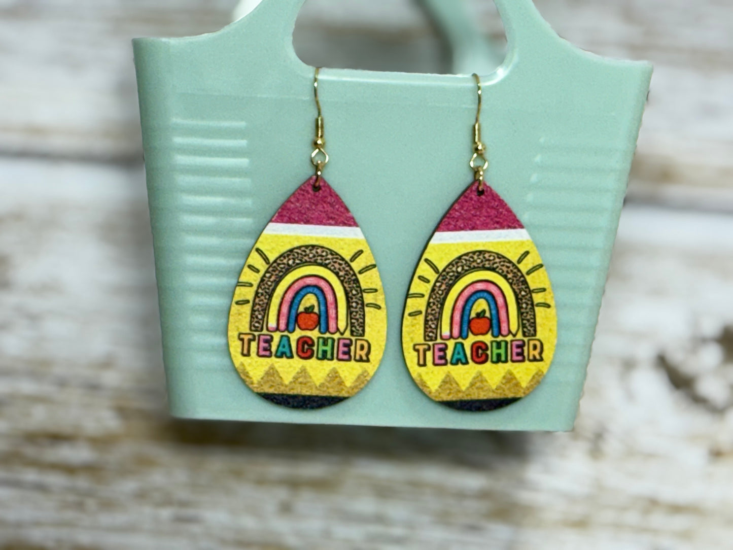 Teacher Pencil Rainbow Wood Earrings