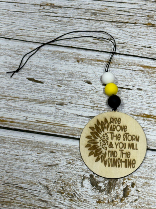 Rise Above the Storm Sunflower Wood Tag – Inspirational Beaded Car Charm or Ornament